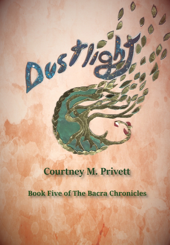 A book cover for Dustlight, Book Five of The Bacra Chronicles by Courtney M. Privett. The background is a marbled orange color, and at the center is a family crest --on a green background, a golden tree of life being torn apart by the wind. The title is above that and also being swept away by the wind. The letters are written in a dark blue that looks like a starry sky.